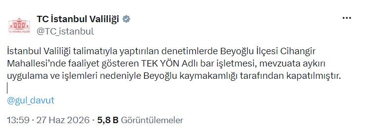 Beyoğlu’nda bir bar işletmesi mühürlendi
