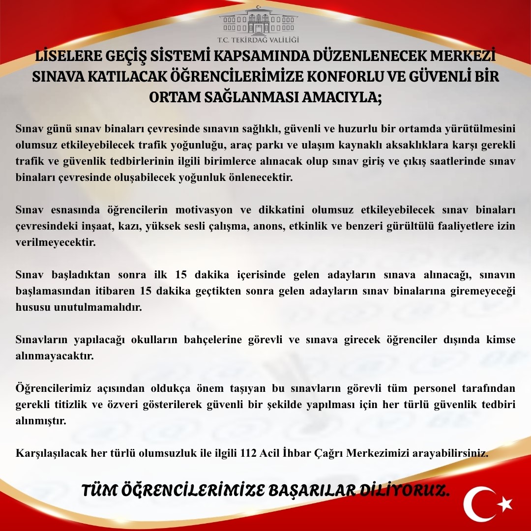 Tekirdağ Valiliği Duyurdu: Sınav saatlerinde gürültülü faaliyetlere yasak
